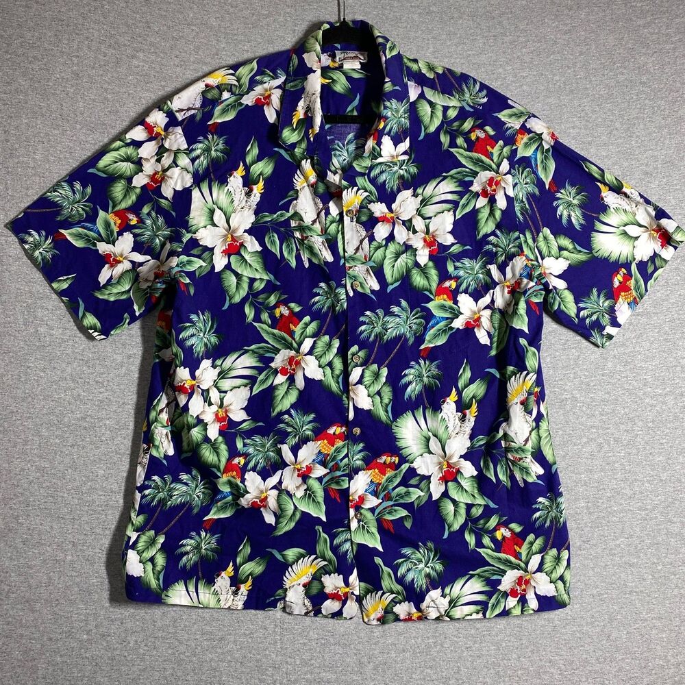 Evergreen Island Hawaiian Shirt Mens 2XL Blue Parrot Cockatoo Floral Beach BBQ